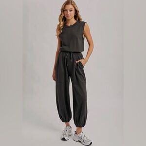 Black Bluivy Drawstring Waist Sleeveless Relaxed Fit Knit Active Jumpsuit